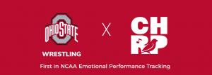 Logos of Ohio State Wrestling and CHRP with text announcing the first NCAA season-long emotional performance tracking program.