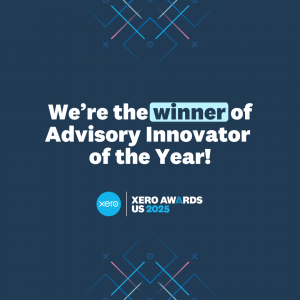 Xero Awards US 2025 winner announcement graphic with navy blue background featuring geometric line patterns in blue, pink, and white. Large white text reads  MATAX 'We're the winner of Advisory Innovator of the Year!' with the word 'winner' highlighted in