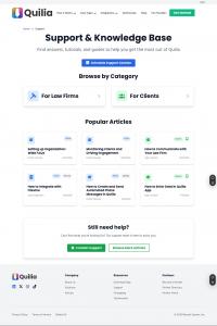 Quilia support and knowledge base page showing categories for law firms and clients, with popular articles.