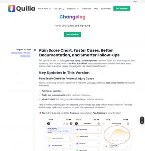 Quilia changelog page with August 15, 2025 update detailing new features for personal injury law firms.