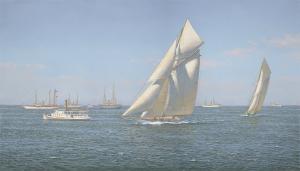 This is an oil painting of the 1899 Americas Cup yacht Columbia crossing the finish line. It is painted in a classical, historical style.