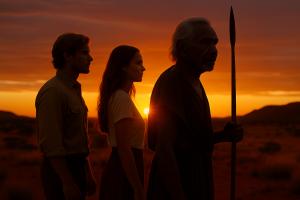 Three figures stand in silhouette at sunset in the Australian outback: a young man, a young woman, and an Elder holding a spear. The sun sets behind them, casting a golden-orange glow across the desert landscape, symbolising heritage, resilience, and the