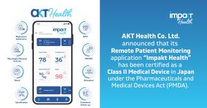 AKTHealth's Impakt Health app screen with RPM vitals and feature icons; announcement of Japan Class II certification under the PMD Act.
