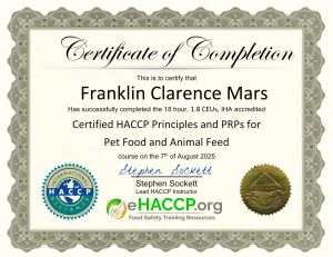 Certified HACCP Principles and PRPs for Pet Food and Animal Feed Certificate from eHACCP.org