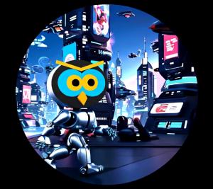 Digital advertising Owl walking through futuristic city