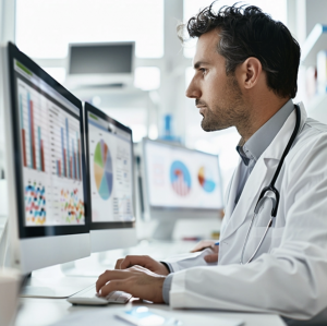 Physician studying financial graphs on his computer