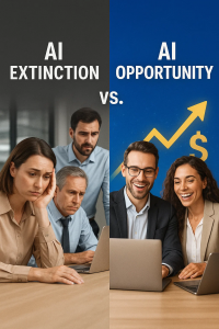 Traditional workers looking worried/displaced and Entrepreneurs with laptops/success imagery