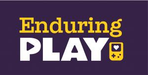 The simple logo for Enduring Play with gold and white lettering and icon on a purple background.