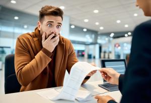 A person at a car rental counter, looking shocked