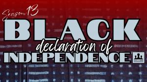 Text: Season 13 Black Declaration of Independence atop a red tinted indigo fabric