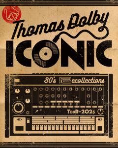A Thomas Dolby tour graphic depicting a cartoon TR-808 drum machine