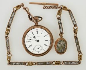 Spectacular gold-quartz watchchain of the prospector Stephen Roberts, a trophy of his work with two mines at Belmont, Nevada in the 1860s -- the Highbridge and Monitor-Belmont ($8,437).