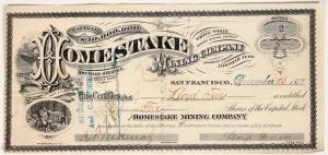Stock certificate No. 2 for the Homestake Mining Company dated Nov. 2, 1877. Homestake was America’s largest single producing gold mine since the day this was issued ($5,625).