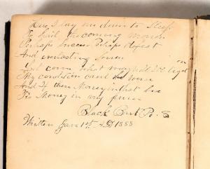 Book inscribed by the outlaw Black Bart (real name: Charles Boles), signed while he was in prison, dated Jan. 1, 1888, the book possibly given to him by a newspaper reporter ($2,000).