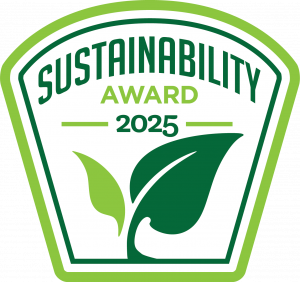 Green and white Sustainability Award 2025 badge featuring a stylized leaf design, symbolizing KRAMBU's environmental excellence and recognition.