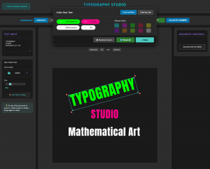 Typography Studio color modal interface showing word-by-word and line-by-line coloring options with color grid and live text preview