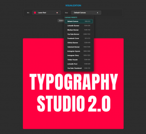Typography Studio platform dropdown menu showing 11 social media format options with dimensions, red canvas displaying Typography Studio 2.0 text