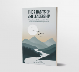 Book cover of The 7 Habits of Zen Leadership by Tim Salau, featuring a minimalist illustration of a river winding through pine-covered mountains at sunrise, with birds flying across the sky.