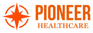 Pioneer Healthcare Services logo featuring an orange compass symbol and bold lettering, representing the company’s people-first mission in healthcare and education staffing.