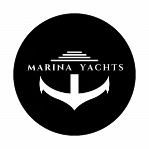 Marina Yachts logo with elegant typography and icon, symbolizing luxury yacht charter services in Dubai.