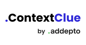 The image shows the logo for **ContextClue by Addepto**. The word "Context" is in bold black, while "Clue" is in bold blue. Below it, the text "by addepto" appears in smaller gray font, with a green dot before "addepto".