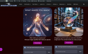 AI Connection Club website featuring Magic Prompt Generator and What Makes You Magic tools to help members improve creativity and AI results.