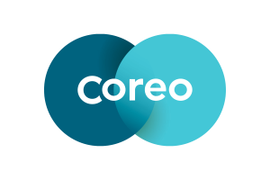 Coreo Logo has two blue overlapping circles to suggest an infinity loop.