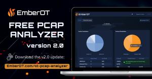 A graphic announcing the release of EmberOT's Free PCAP Analyzer version 2.0. On the left side, bold white text reads, “FREE PCAP ANALYZER version 2.0.” Below that, white text with a gear icon says, “Download the v2.0 update:” followed by an orange button