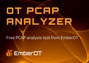An animated promotional GIF for EmberOT’s OT PCAP Analyzer. The background features glowing orange and dark abstract waves. The large, bold text at the top reads “OT PCAP ANALYZER.” Below that, smaller text says “Free PCAP analysis tool from EmberOT.” The