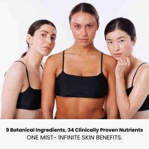 Luxury bi-phase body mist by IDRÉIS BEAUTÉ featuring 9 botanical actives and 34 clinically proven nutrients for hydration, protection, and radiance.