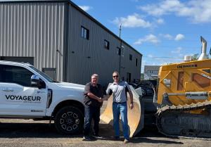 Steve Brough (L) founder and president of Broz Excavating with Clint Keeler (R) President of Voyageur Services at the new facility in Courtice, just north of the 401.