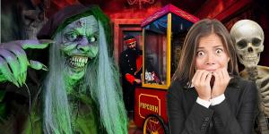 Scary witch animatronic with glowing green face beside a haunted popcorn machine, frightened woman, skeleton, and carnival-style haunted house background.