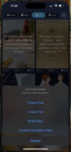 Multiple post options offered by Hush - post, stories, polls and video share from YouTube and Instagram