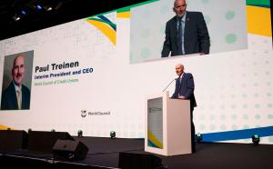 Treinen speaking at the 2025 World Credit Union Conference