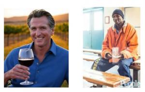 Split-screen image showing California Governor Gavin Newsom smiling and holding a glass of wine in a vineyard (left), and Donald “C-Note” Hooker, a Black incarcerated artist, seated in a prison setting wearing an orange jacket and beanie (right).