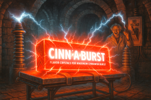 A Dr. Frankenstein style laboratory and a scientist throwing a switch sending High Voltage to a pack of CINN*A*BURST Gum on a gurney.