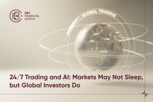 A digital globe encircled by luminous trading arcs with the words “Global Trading,” symbolising the rise of 24/7 markets and AI-driven financial connectivity across regions. – EBC
