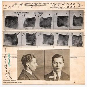 Mug shot / fingerprint card for Charles “Lucky” Luciano. A note verso reads, “This subject was with gang that was picked up at Beach. Feb. 1930 with 18 others in $60,000 gambling game with Phillip Mayo.” Estimate: $15,000-$20,000.