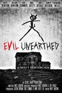 Evil Unearthed Poster as a creepy drawing of the Monroe House, ritualistic stick figure & human skeleton remains.