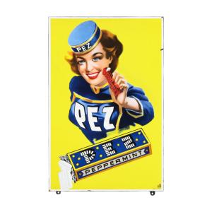German 1950s single-sided porcelain sign for Pez peppermint candies, invented in 1927. The sign is graded well at 9.5 and measures 29 inches by 19 inches (estimate: CA$20,000-$25,000).