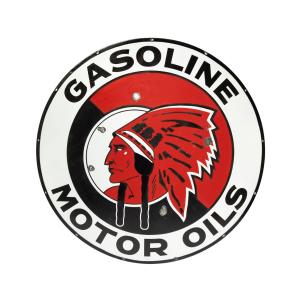 Canadian 1940s single-sided porcelain Red Indian Gasoline Service Station dealer sign, round, impressive at 60 inches in diameter, with iconic Red Indian logo (estimate: CA$8,000-$12,000).