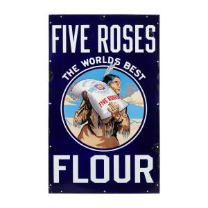 Canadian 1920s single-sided porcelain sign for Five Roses Flour. The field of the 42 inch by 26 inch sign is unrestored and superb. Grade: 8.5 (estimate: CA$20,000-$25,000).