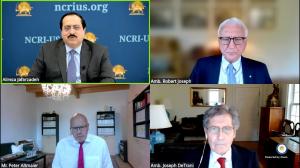 NCRI-US conference on snapback of UN sanctions on Iran, August 28, 2025. Clockwise from top left are Alireza Jafarzadeh, Amb. Robert Joseph, Amb, Joseph DeTrani, and Mr. Peter Altmaier