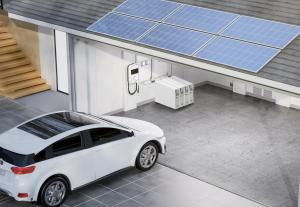 Modern house with rooftop solar panels, EV charger, and Freen energy storage batteries in garage