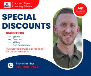 Stars and Pipes Plumbing Atlanta specifying their various discounts for area customers