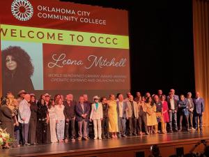 Leona Mitchell  being Honored on stage at opening of exhibit at Oklahoma City Community College.