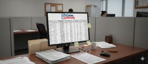 Billions of dollars in unclaimed assets remain in state custody across California counties, according to the latest data compiled and published by ClaimNotify A computer monitor displays a report with the ClaimNotify logo positioned above it. The screen shows a table of data, including counties, dormant periods, last activity dates, asset types, and total values. The monitor sits on a wooden desk with various p