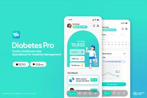 Main interface of DiabetesPro 2.0. The intuitive UI includes step tracking, point missions, and blood sugar logs, enabling shared family health goals. | Image by Daesang Wellife