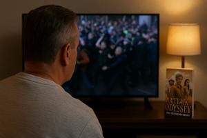 Back view of a middle-aged man watching blurred images of protests on a television in a dimly lit living room, with the book Outback Odyssey by Paul Rushworth-Brown placed on a shelf, slightly out of focus.