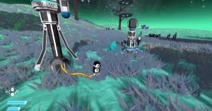 Player character on grassy terrain connecting a power cable between outpost equipment, nearby extractor and structures; minimalist HUD shows health and O₂.